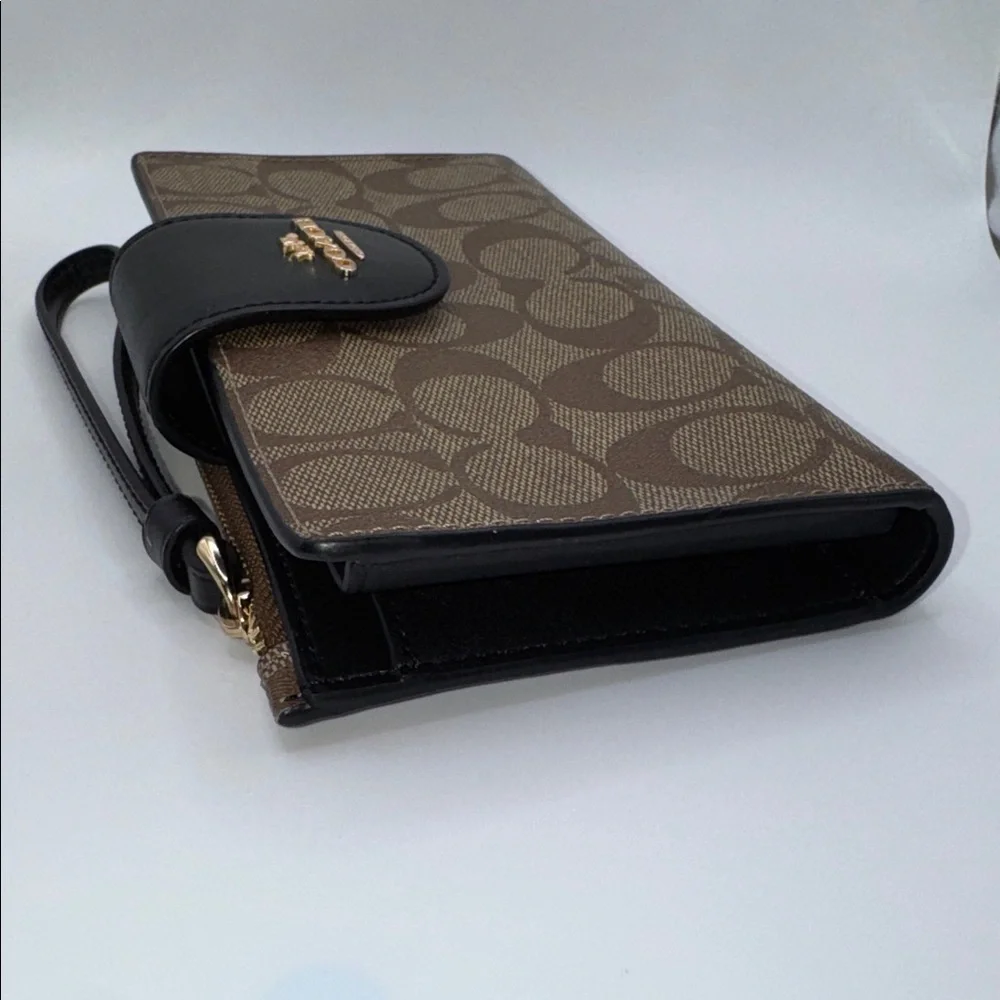 Coach Phone Wallet In Signature Canvas Khaki Black - Picture 2 of 8